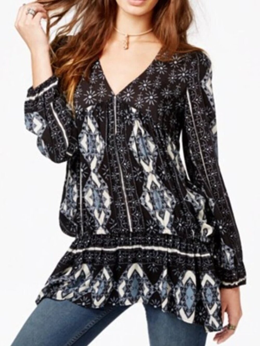 Free People Boho Tunic Blouse M/L | Black Blue Geometric Print | Flowy Babydoll